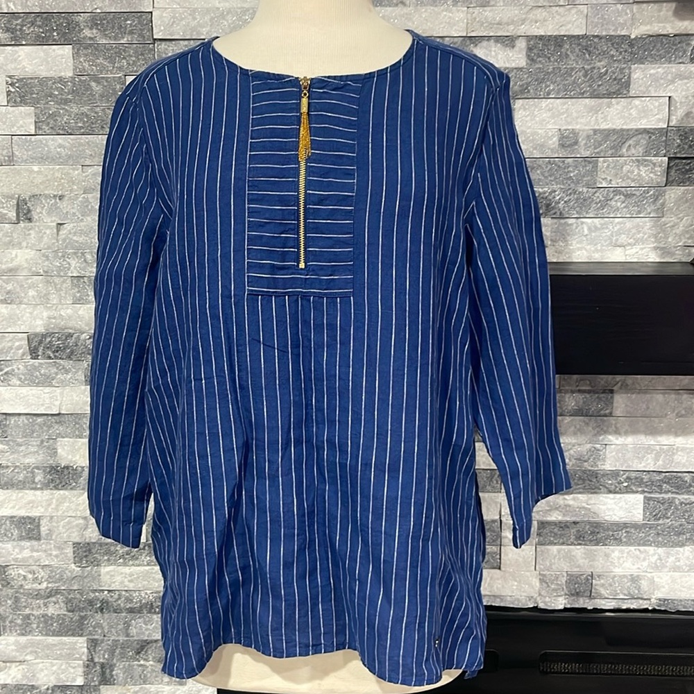 Ellen Tracy Top Women's L  Linen Blue Striped  3/4 Sleeve Quarter Zip